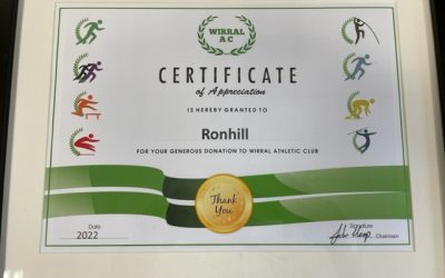 Ronhill Sports awarded certificate in recognition of their support of England Athletics Club of the Year