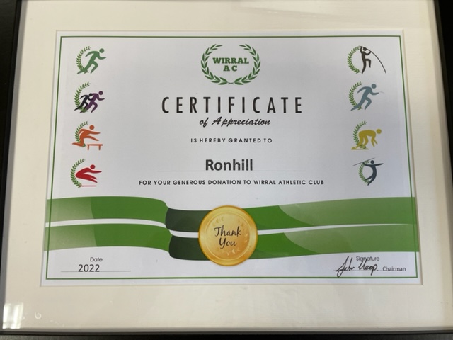 Ronhill Sports awarded certificate in recognition of their support of England Athletics Club of the Year